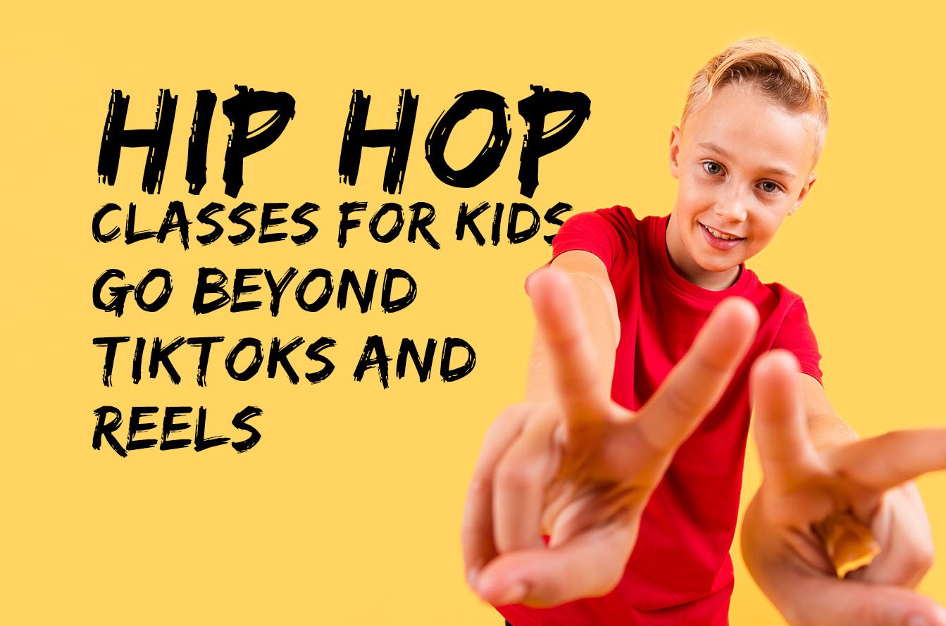 Hip Hop Classes for Kids - Beyond TikToks and Reels Boy in a red shirt posing against a yellow background beside the headline “Hip Hop Classes for Kids Go Beyond TikToks and Reels.”